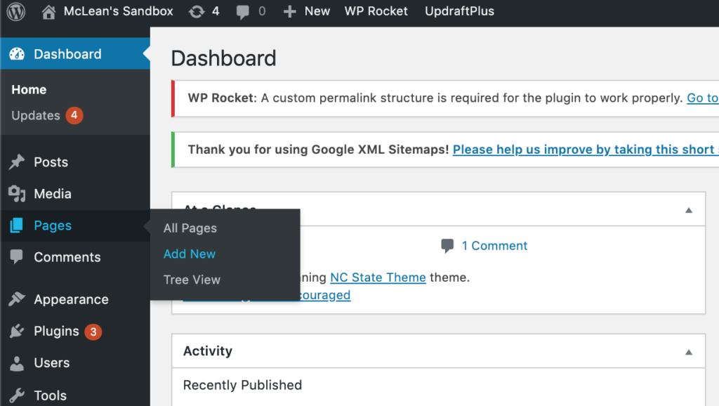 screenshot of wordpress dashboard