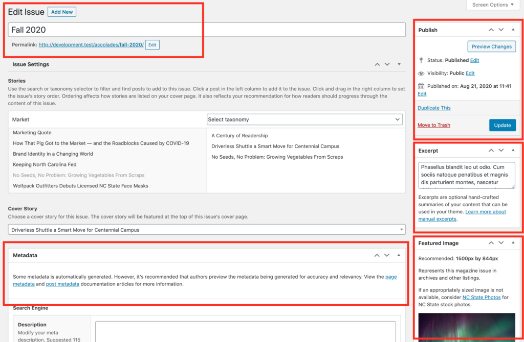 Screenshot of magazine issue config page highlighting standard fields including post title, permalink, publish settings, excerpt, featured image, and metadata.