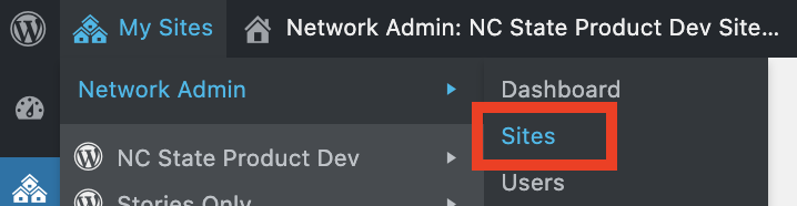 Screenshot of 'Sites' nav item within WordPress multisite network settings dropdown