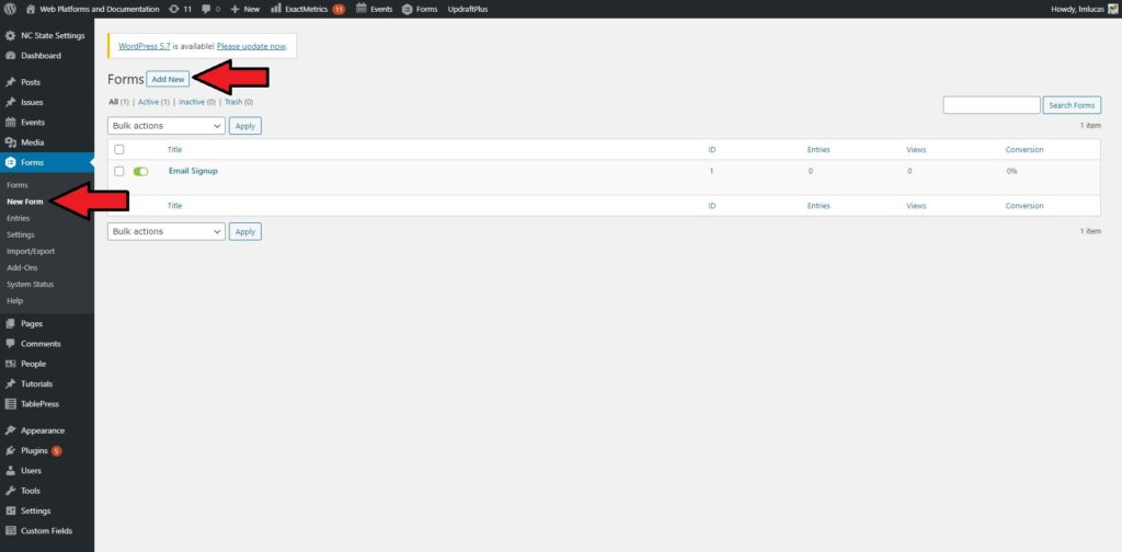 arrow pointing at add new button in forms section of wordpress dashboard