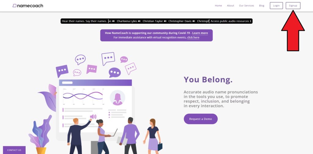 NameCoach homepage with arrow graphic pointing to "Signup" button