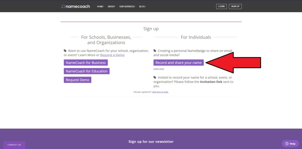 NameCoach signup page with an arrow graphic pointing to a Record and share your name button.