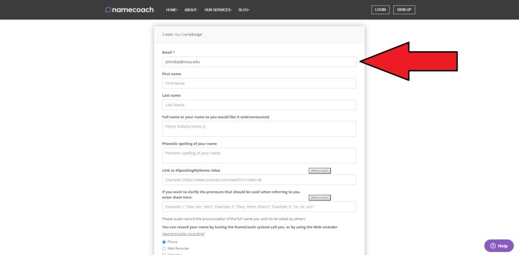 Account creation form with arrow graphic pointing to Email feild.