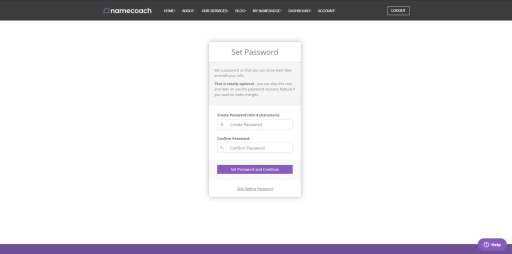 Set Password screen within NameCoach.