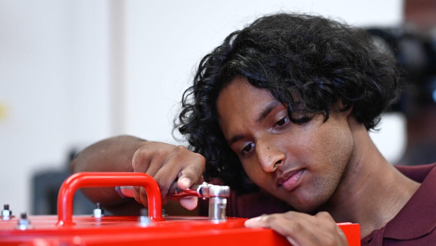 Aerospace engineering students work in the nearly completed hypersonic wind tunned lab. The students are working under Dr. Venkat Narayanaswamy.