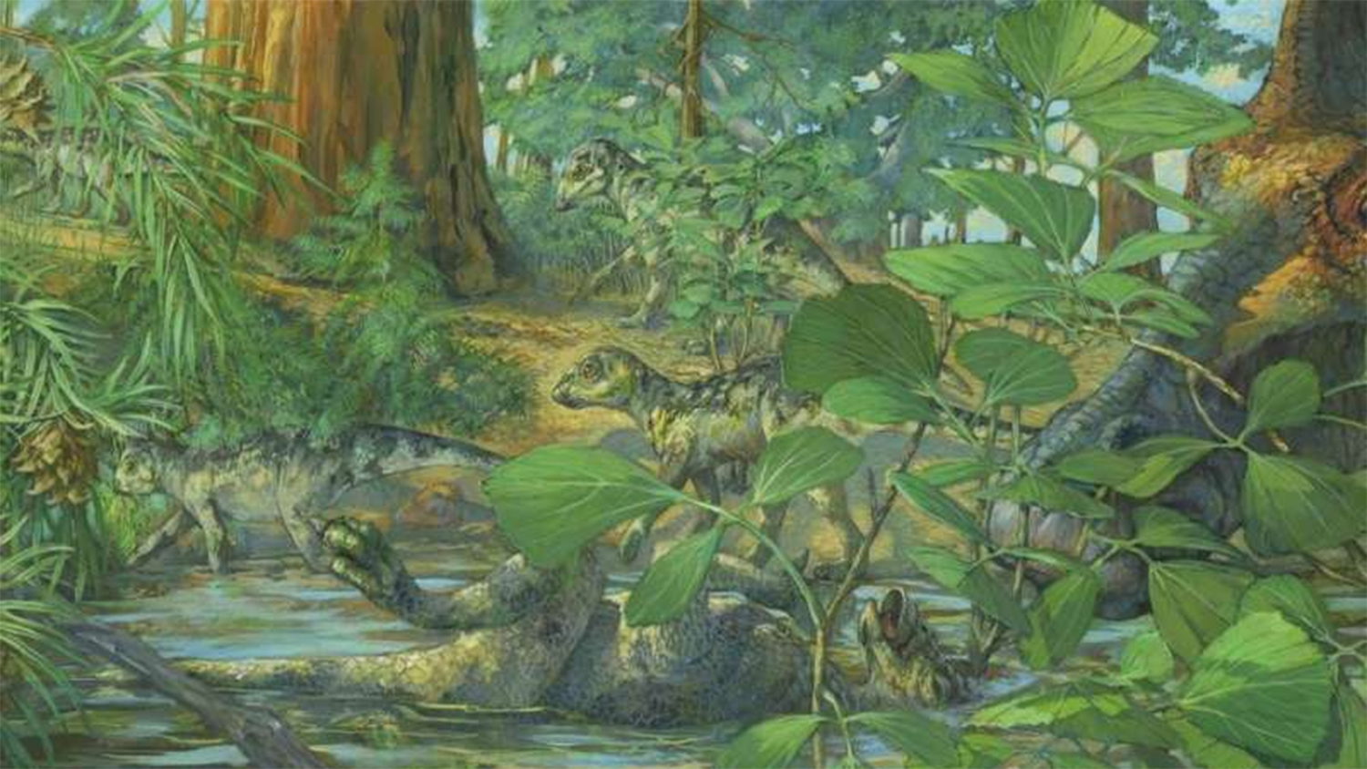 duck-billed dinosaur in prehistoric woodland