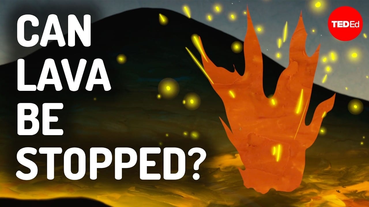 An animated image of a volcanic eruption with white text overlayed, reading, "Can lave be stopped?"